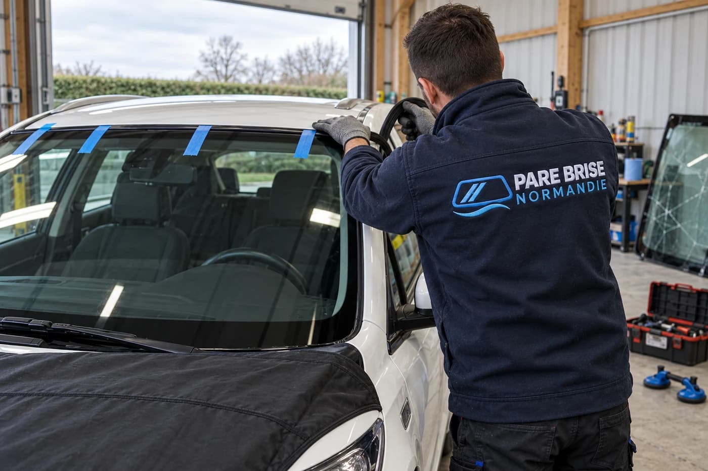 Un technicien Pare Brise Normandie pose la baguette d'étanchéité d'un pare-brise neuf