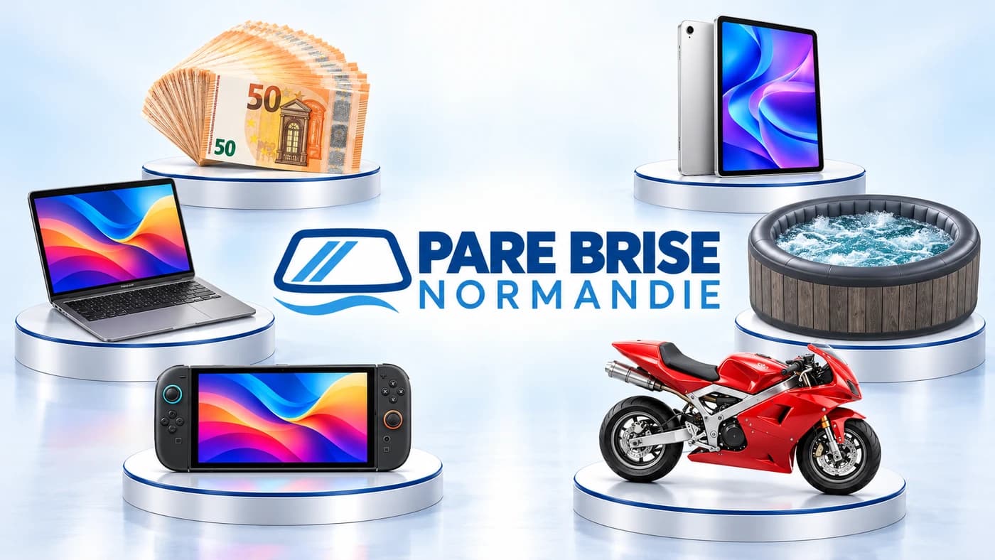 Le logo Pare Brise Normandie entouré des cadeaux de l'offre